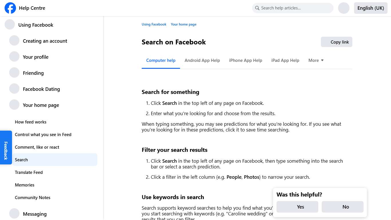 Search on Facebook Facebook Help Centre