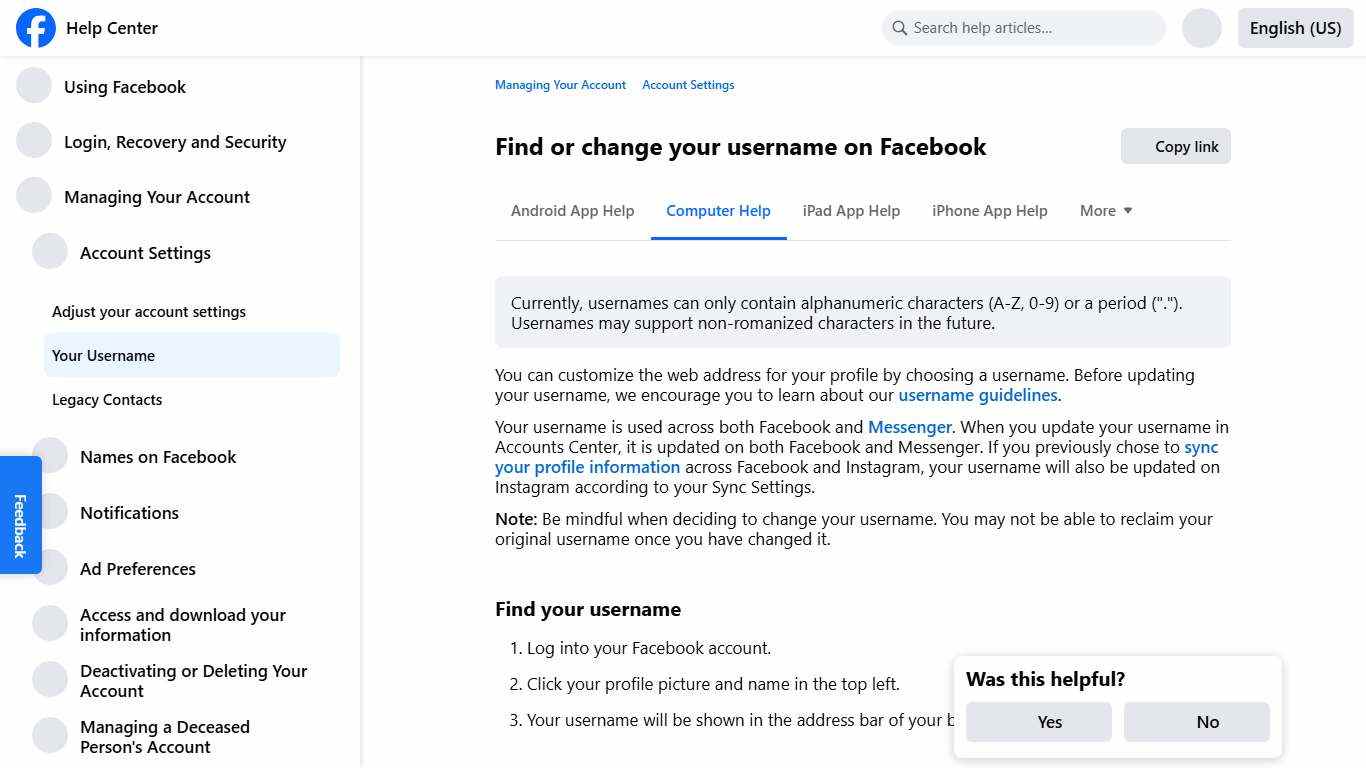 Find or change your username on Facebook Facebook Help Center